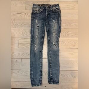 Rock Revival Peacoat Mid-Rise Skinny Jeans Size 25 Distressed Fleur De Lis